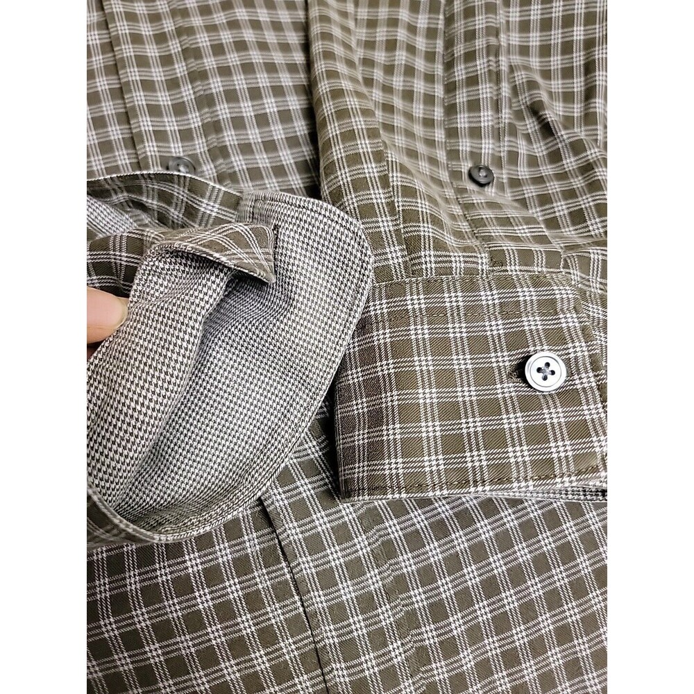 Hugo Boss Shirt Mens L Olive Green Black Plaid Slim Cotton Preppy‎ Flip Cuffs - Picture 6 of 13